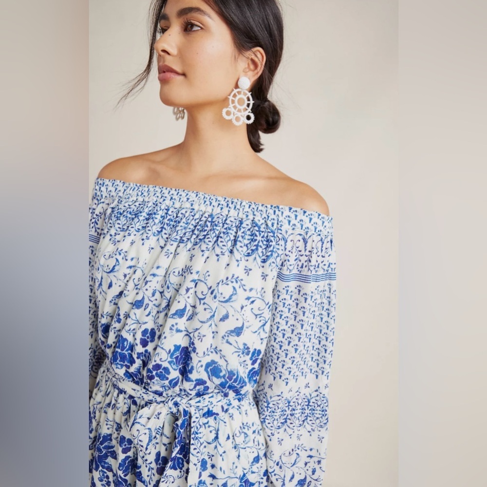 Anthropologie Women's Clemente Off the Shoulder Floral Romper Blue XSmall - Picture 3 of 11
